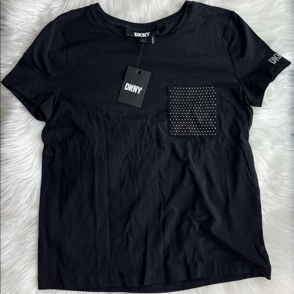 🆕DKNY Women's Studded Pocket Short-Sleeve Shirt Black Size Small